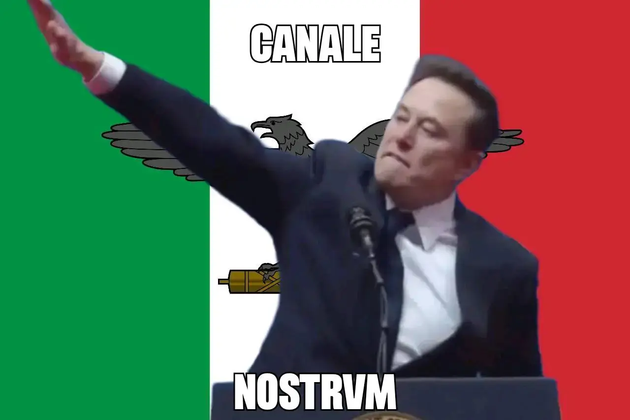 Elon Musk doing a fascist salute, background is the flag of the "Italian Social Republic" (a fascist rump state puppet of Germany). Caption reads: "Canale Nostrum" (in reference to the Imperial Roman and later Italian fascist slogan "mare nostrum")