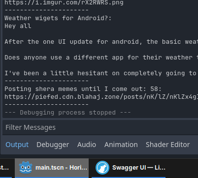 A screenshot of the Godot console showing the text of posts from my Subscribed feed