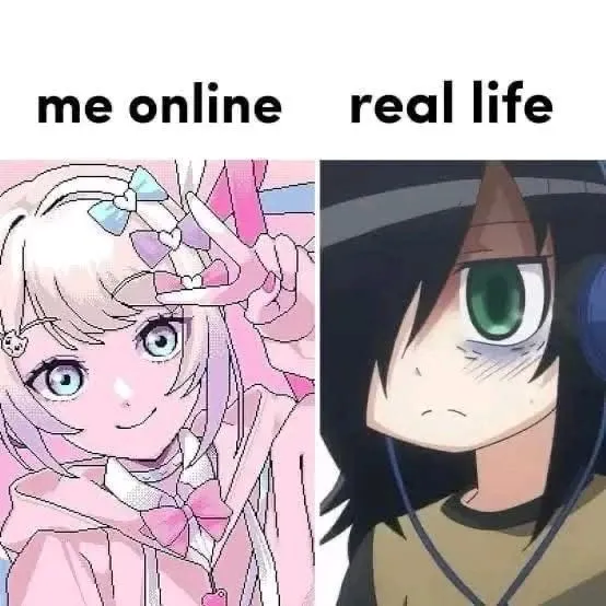 Two pictures. The first is a super girly anime girl with the caption "me online". The second is a tired, anti-social looking anime girl with long black hair captioned with "real life".