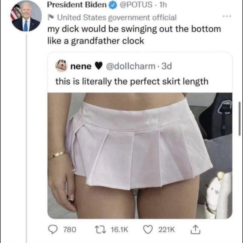 Nene: this is literally the perfect skirt length. Biden: my dick would be swinging out the bottom like a grandfather clock